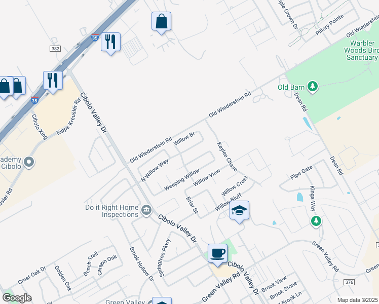 map of restaurants, bars, coffee shops, grocery stores, and more near 213 North Willow Way in Cibolo