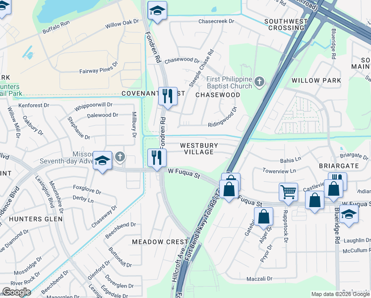 map of restaurants, bars, coffee shops, grocery stores, and more near 7711 Ellis Drive in Missouri City