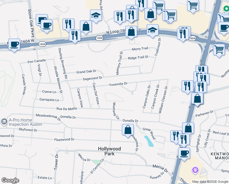 map of restaurants, bars, coffee shops, grocery stores, and more near 332 Mustang Circle in San Antonio