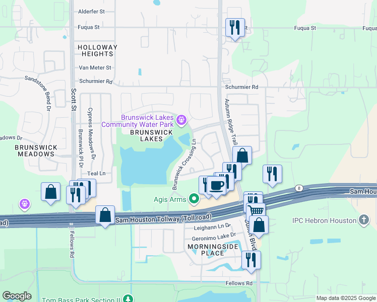 map of restaurants, bars, coffee shops, grocery stores, and more near 4102 Brunswick Crossing Lane in Houston