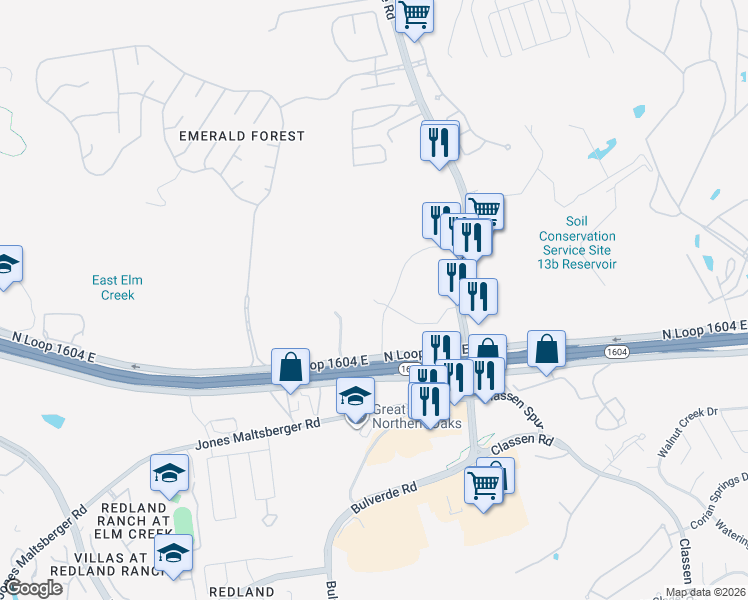 map of restaurants, bars, coffee shops, grocery stores, and more near 17715 Overlook Loop in San Antonio