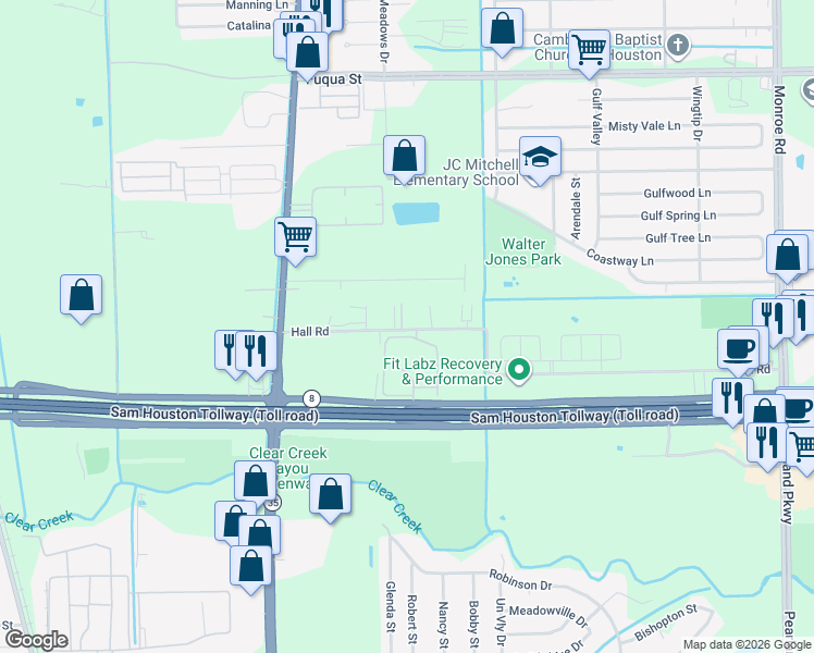 map of restaurants, bars, coffee shops, grocery stores, and more near 7821 Hall Road in Houston