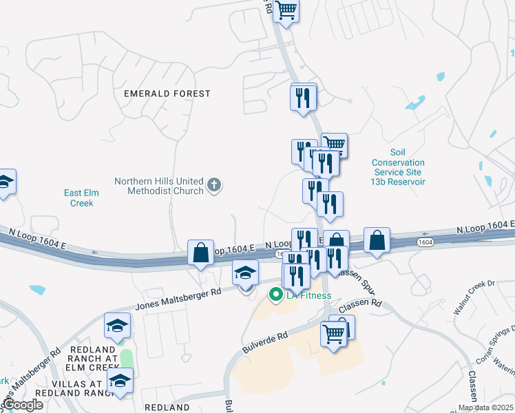 map of restaurants, bars, coffee shops, grocery stores, and more near 17715 Overlook Loop in San Antonio