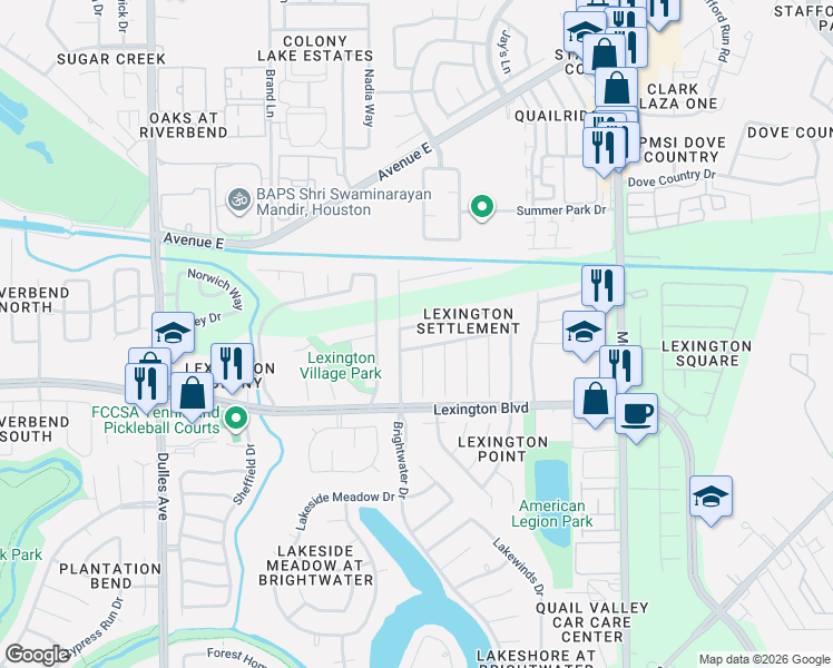 map of restaurants, bars, coffee shops, grocery stores, and more near 4235 Custer Creek Drive in Missouri City