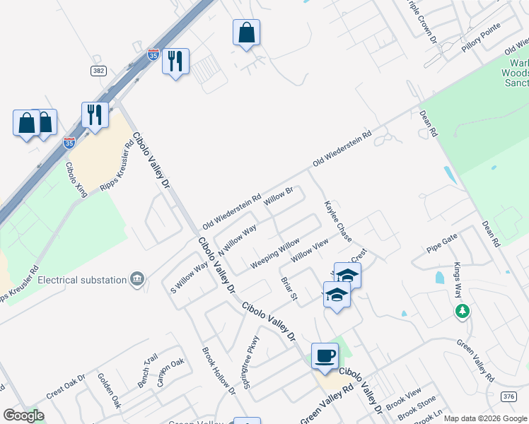 map of restaurants, bars, coffee shops, grocery stores, and more near 161 North Willow Way in Cibolo