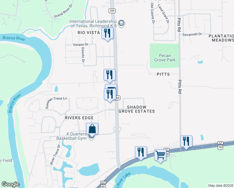 map of restaurants, bars, coffee shops, grocery stores, and more near 402 Farm to Market 359 in Richmond