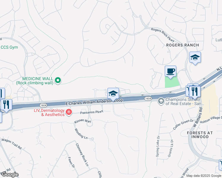 map of restaurants, bars, coffee shops, grocery stores, and more near 3231 North Loop 1604 West in San Antonio