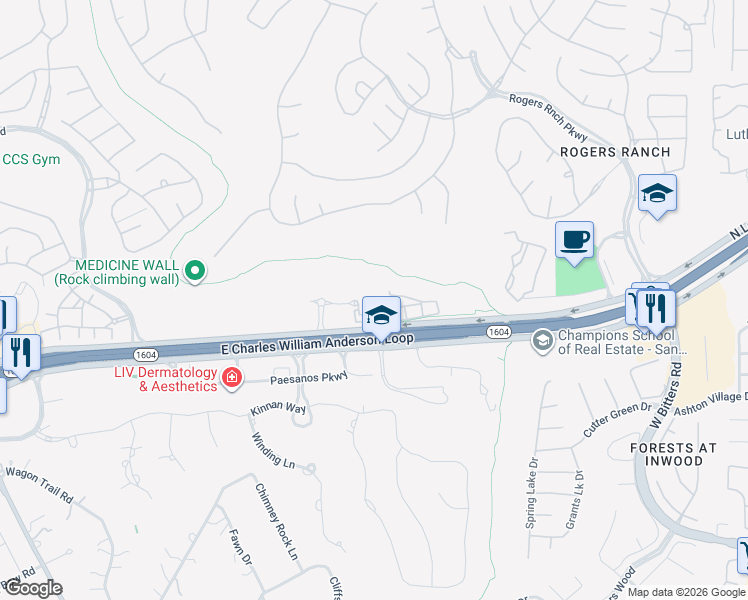 map of restaurants, bars, coffee shops, grocery stores, and more near 3231 Texas 1604 Loop in San Antonio