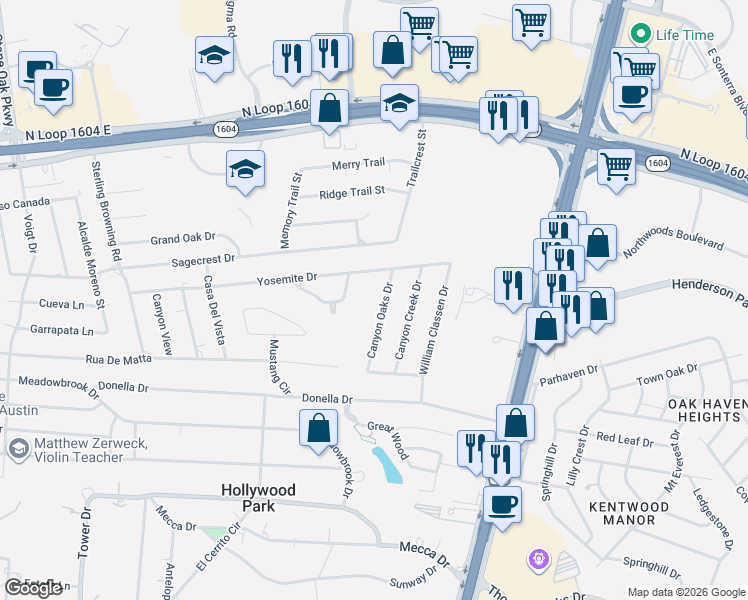 map of restaurants, bars, coffee shops, grocery stores, and more near 123 Canyon Oaks Drive in San Antonio