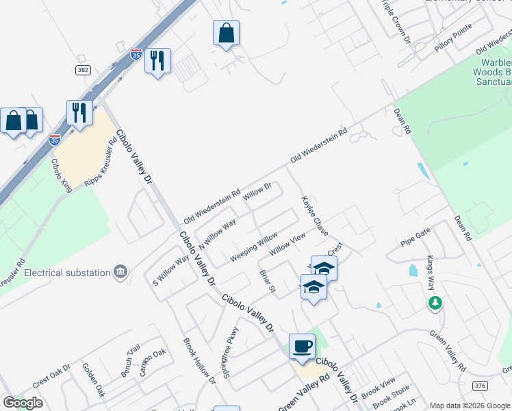 map of restaurants, bars, coffee shops, grocery stores, and more near 161 North Willow Way in Cibolo