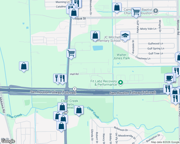 map of restaurants, bars, coffee shops, grocery stores, and more near 7821 Hall Road in Houston