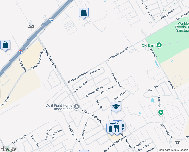 map of restaurants, bars, coffee shops, grocery stores, and more near 204 North Willow Way in Cibolo