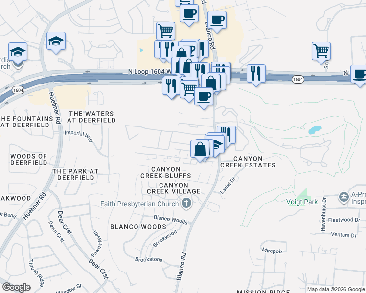 map of restaurants, bars, coffee shops, grocery stores, and more near 1142 Bluff Forest in San Antonio