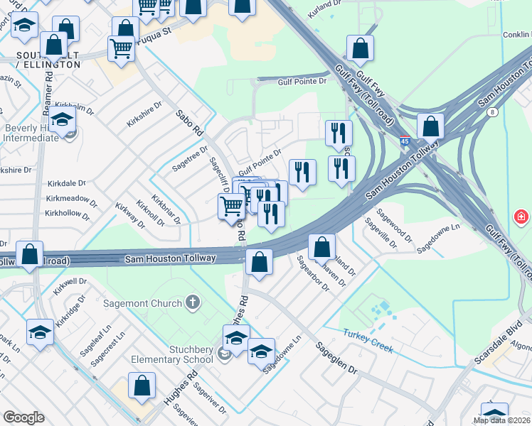 map of restaurants, bars, coffee shops, grocery stores, and more near 11666 Gulf Pointe Drive in Houston
