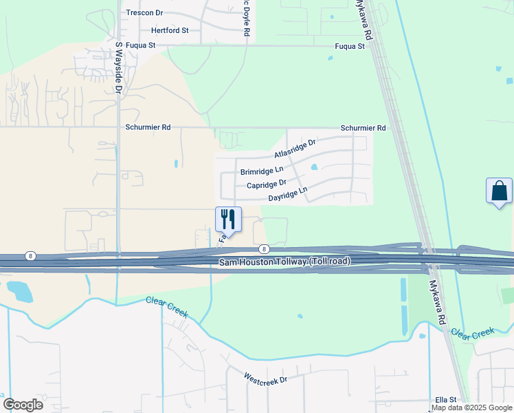map of restaurants, bars, coffee shops, grocery stores, and more near 6451 Dayridge Lane in Houston