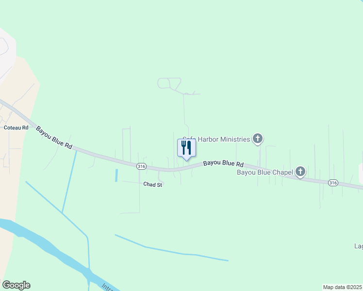 map of restaurants, bars, coffee shops, grocery stores, and more near 834 Bayou Blue Road in Houma