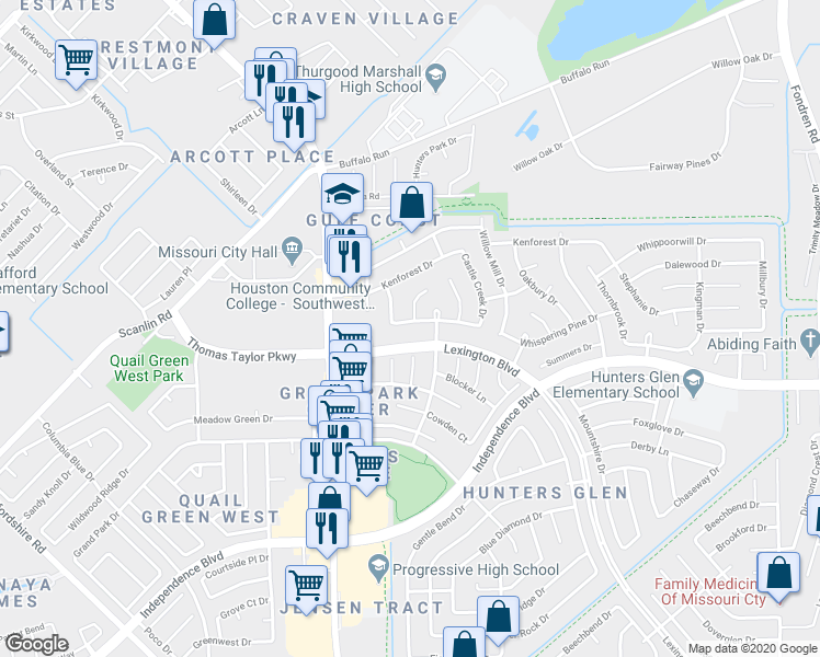 map of restaurants, bars, coffee shops, grocery stores, and more near 1403 Whispering Pine Drive in Missouri City
