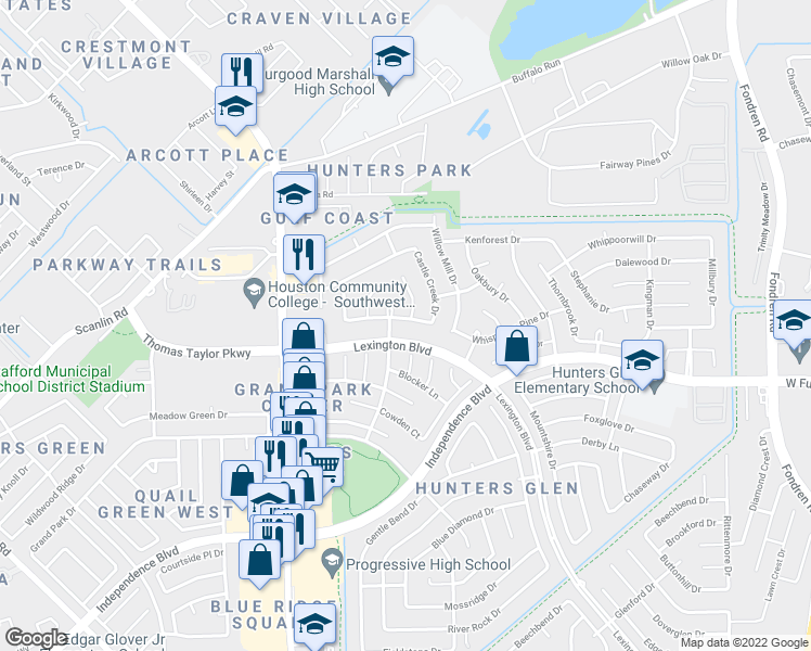map of restaurants, bars, coffee shops, grocery stores, and more near 1223 Whispering Pine Drive in Missouri City