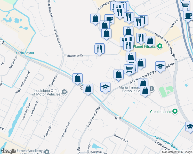map of restaurants, bars, coffee shops, grocery stores, and more near 298 South Hollywood Road in Houma