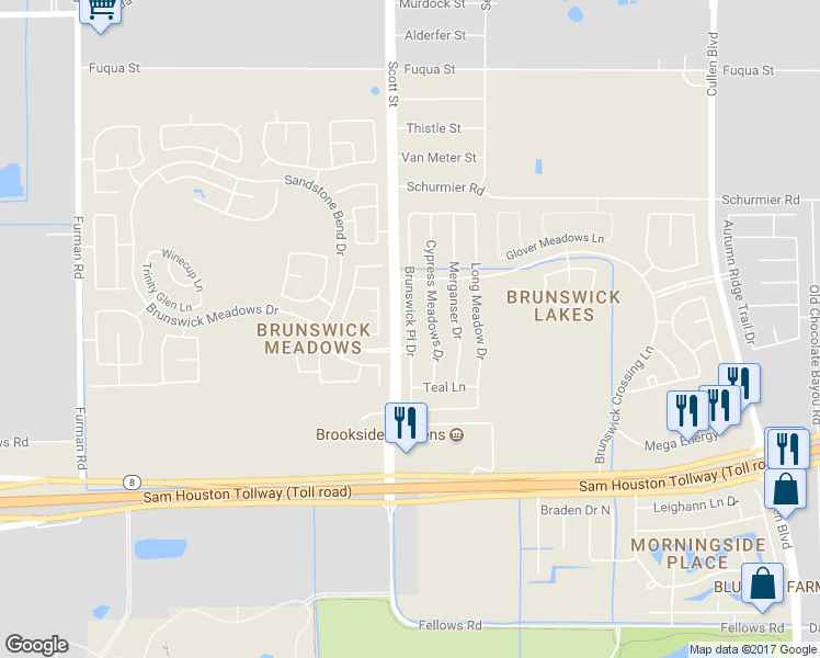 map of restaurants, bars, coffee shops, grocery stores, and more near 14211 Brunswick Place Drive in Houston