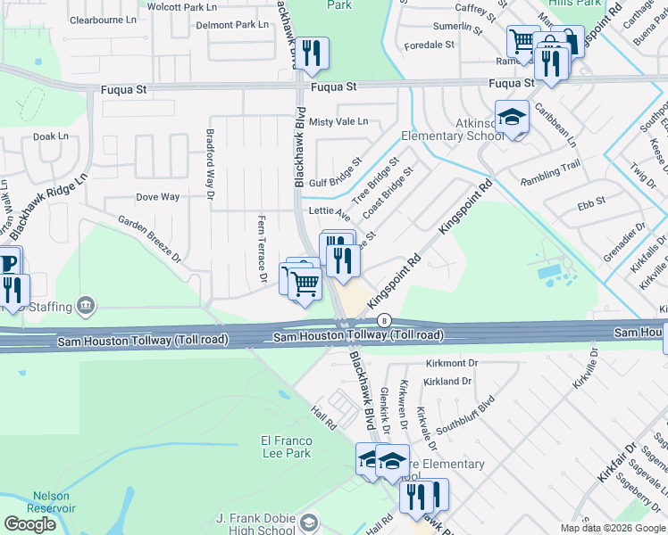 map of restaurants, bars, coffee shops, grocery stores, and more near 9411 Carmalee Street in Houston