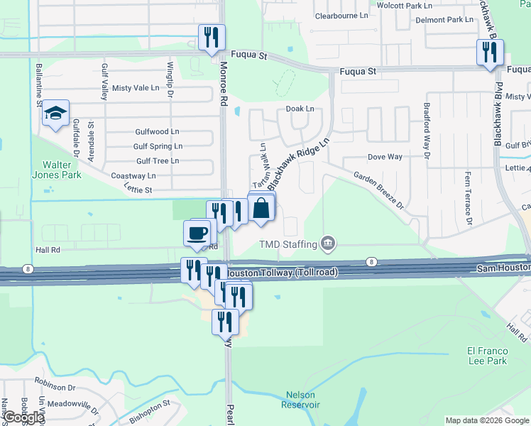 map of restaurants, bars, coffee shops, grocery stores, and more near 11019 Round Dale Lane in Houston