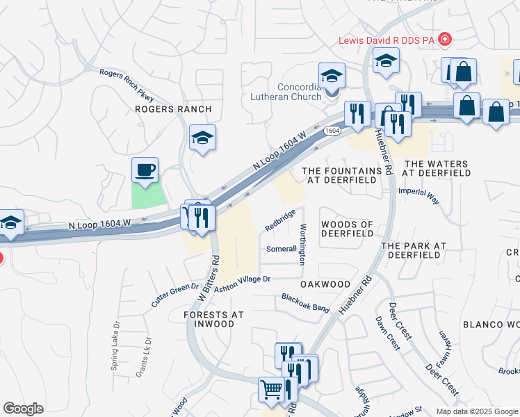 map of restaurants, bars, coffee shops, grocery stores, and more near 2602 Texas 1604 Loop in San Antonio