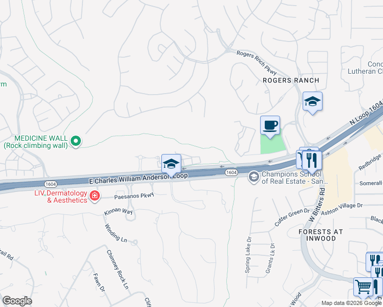 map of restaurants, bars, coffee shops, grocery stores, and more near Medicine Wall Road in San Antonio