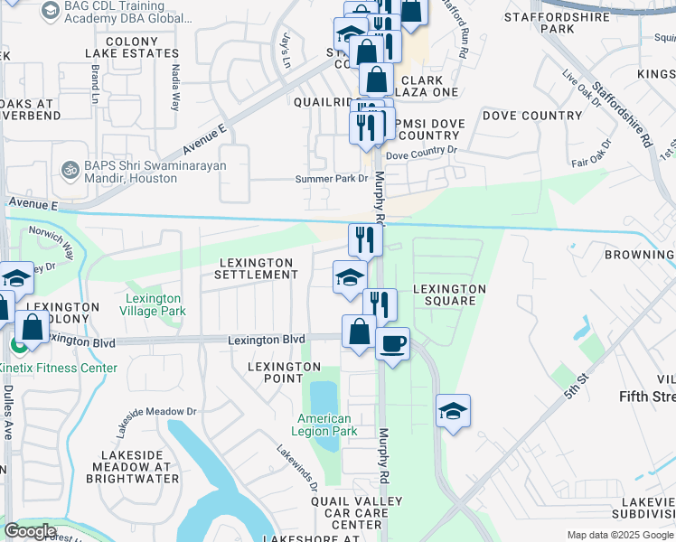 map of restaurants, bars, coffee shops, grocery stores, and more near 3911 Lexington Grove Court in Missouri City