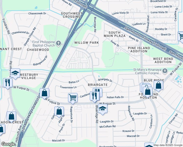 map of restaurants, bars, coffee shops, grocery stores, and more near 7023 Condor Way in Missouri City