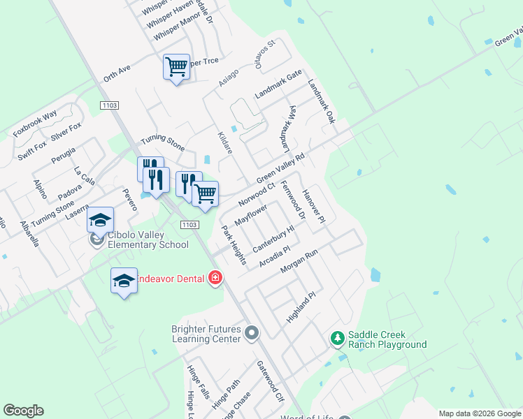 map of restaurants, bars, coffee shops, grocery stores, and more near 514 Mayflower in Cibolo