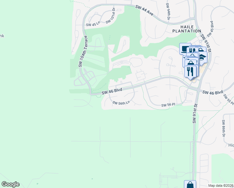 map of restaurants, bars, coffee shops, grocery stores, and more near 10036 Southwest 55th Lane in Gainesville