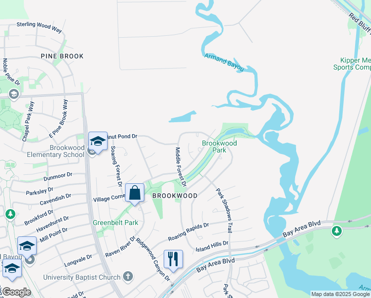 map of restaurants, bars, coffee shops, grocery stores, and more near 16842 Middle Forest Drive in Houston