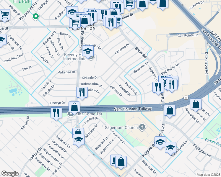 map of restaurants, bars, coffee shops, grocery stores, and more near 11726 Kirkway Drive in Houston