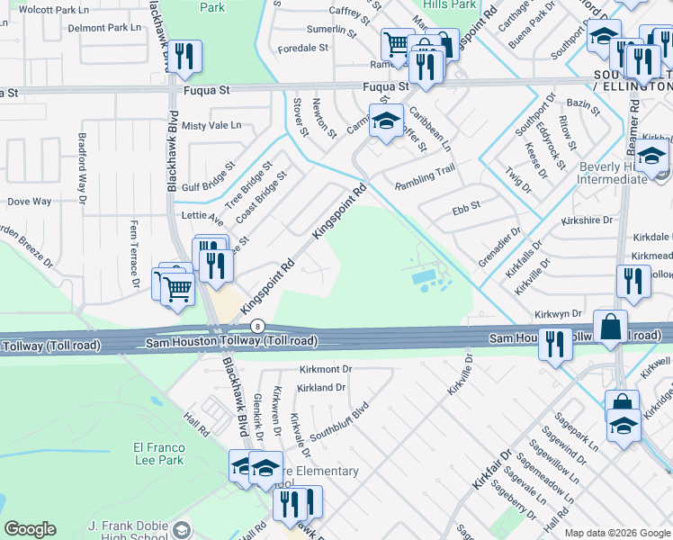 map of restaurants, bars, coffee shops, grocery stores, and more near 11131 Valley Kings Drive in Houston