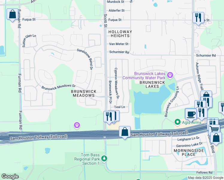 map of restaurants, bars, coffee shops, grocery stores, and more near 14211 Brunswick Place Drive in Houston