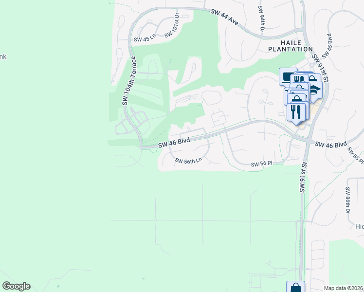 map of restaurants, bars, coffee shops, grocery stores, and more near 10047 Southwest 52nd Road in Gainesville