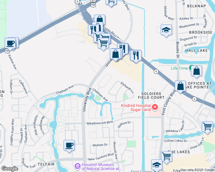 map of restaurants, bars, coffee shops, grocery stores, and more near 507 Olmstead Park Drive in Sugar Land