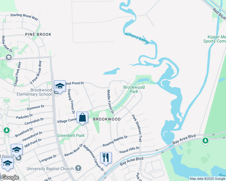 map of restaurants, bars, coffee shops, grocery stores, and more near 16842 Middle Forest Drive in Houston