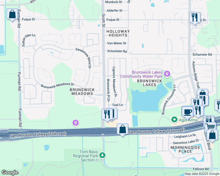 map of restaurants, bars, coffee shops, grocery stores, and more near 14211 Brunswick Place Drive in Houston