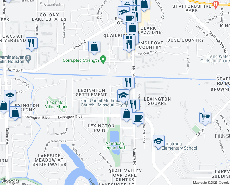 map of restaurants, bars, coffee shops, grocery stores, and more near 3934 Lexington Grove Court in Missouri City