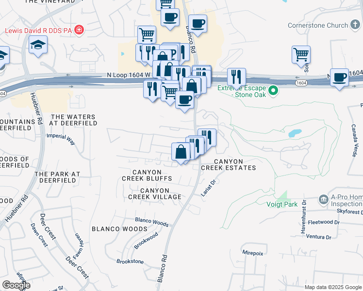 map of restaurants, bars, coffee shops, grocery stores, and more near 1114 Bluff Forest in San Antonio