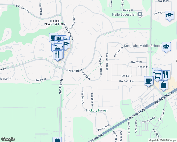 map of restaurants, bars, coffee shops, grocery stores, and more near 5402 Southwest 86th Drive in Gainesville