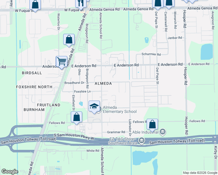 map of restaurants, bars, coffee shops, grocery stores, and more near 223 Broadhurst Drive in Houston