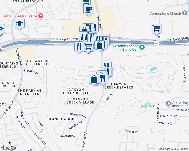 map of restaurants, bars, coffee shops, grocery stores, and more near 1114 Bluff Forest in San Antonio