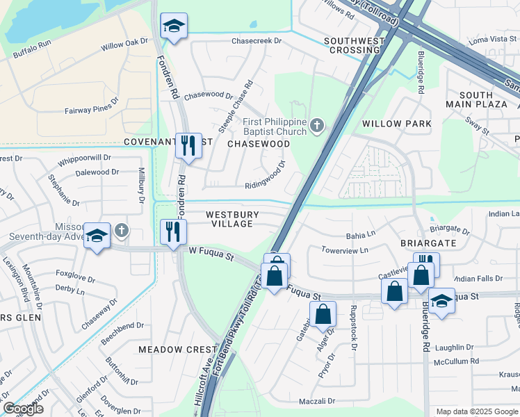 map of restaurants, bars, coffee shops, grocery stores, and more near 7616 Goudin Drive in Missouri City
