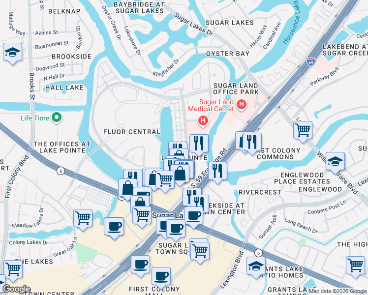 map of restaurants, bars, coffee shops, grocery stores, and more near 1432 Lake Pointe Parkway in Sugar Land
