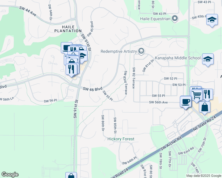 map of restaurants, bars, coffee shops, grocery stores, and more near 5401 Southwest 86th Drive in Gainesville