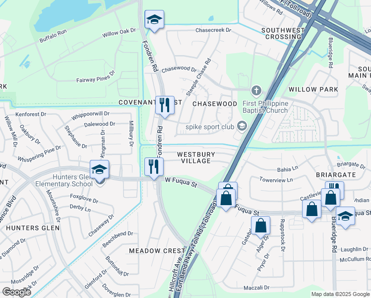 map of restaurants, bars, coffee shops, grocery stores, and more near 7712 Sign Street in Missouri City