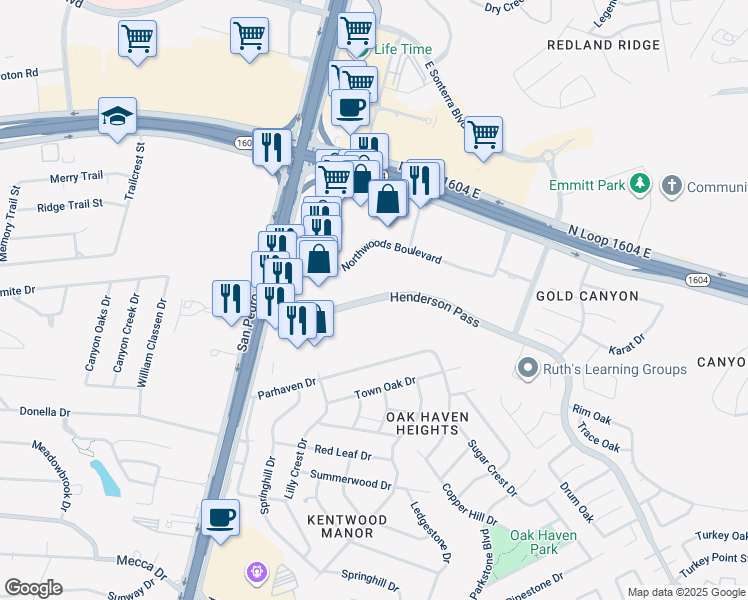 map of restaurants, bars, coffee shops, grocery stores, and more near 17581 Henderson Pass in San Antonio
